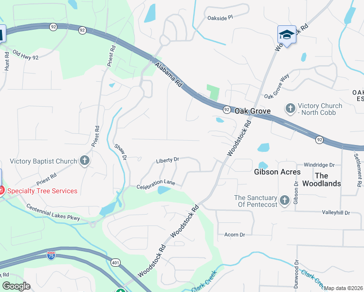 map of restaurants, bars, coffee shops, grocery stores, and more near 5665 Woodstock Road in Acworth