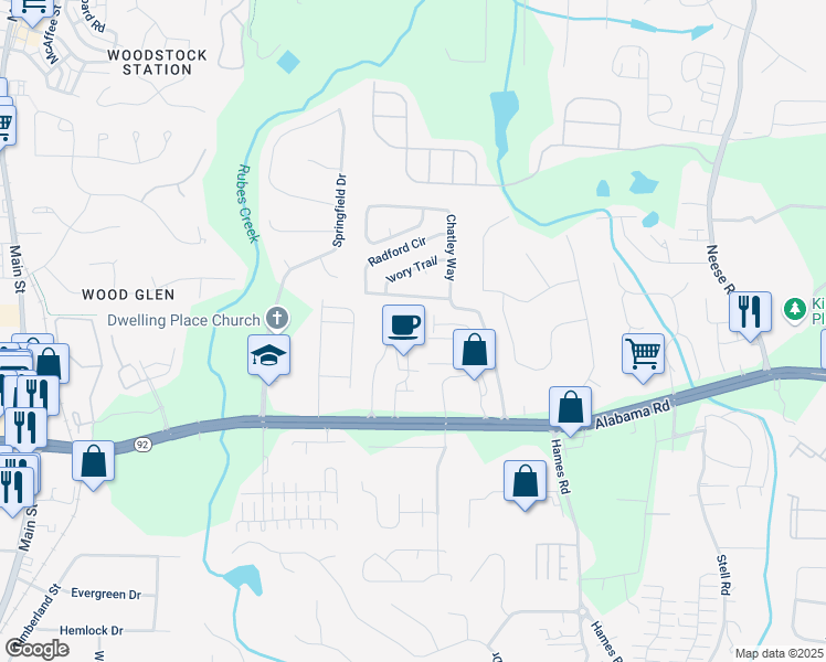 map of restaurants, bars, coffee shops, grocery stores, and more near 366 Cherryhill Lane in Woodstock