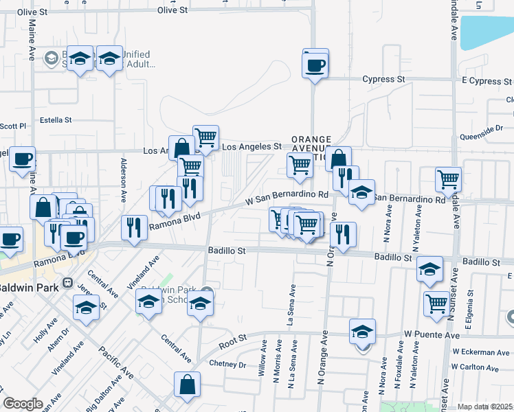 map of restaurants, bars, coffee shops, grocery stores, and more near 15228 Ramona Boulevard in Baldwin Park