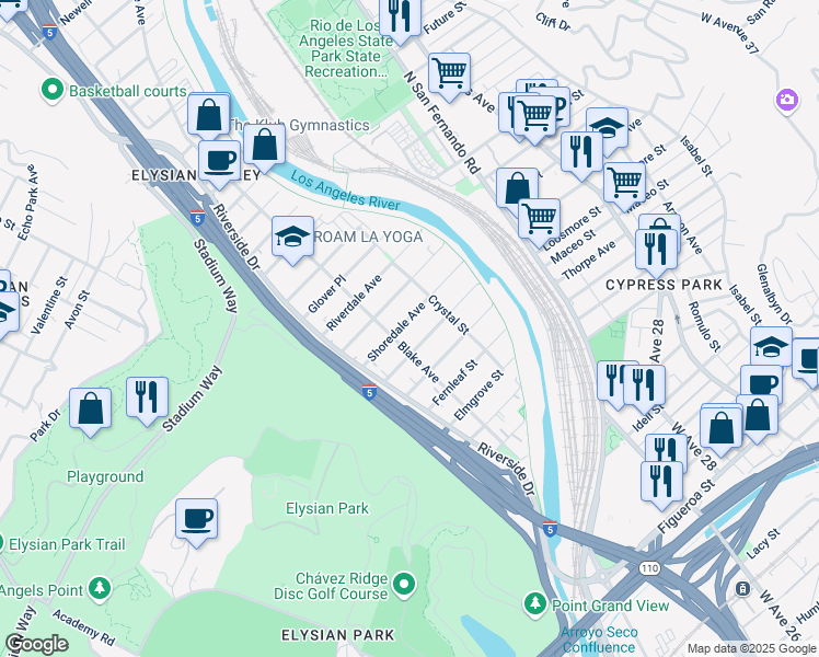 map of restaurants, bars, coffee shops, grocery stores, and more near 2318 Shoredale Avenue in Los Angeles