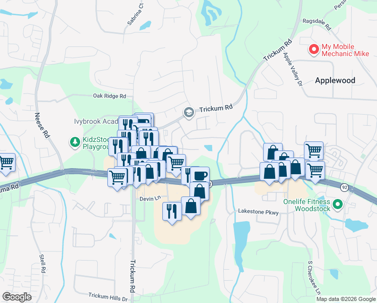 map of restaurants, bars, coffee shops, grocery stores, and more near 236 Abercorn Way in Woodstock