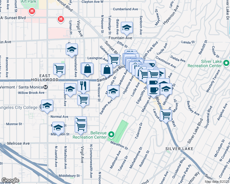 map of restaurants, bars, coffee shops, grocery stores, and more near 960 Sanborn Avenue in Los Angeles