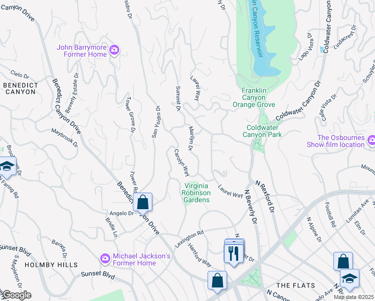 map of restaurants, bars, coffee shops, grocery stores, and more near 1087 Marilyn Drive in Beverly Hills