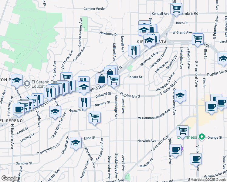 map of restaurants, bars, coffee shops, grocery stores, and more near 5392 Poplar Boulevard in Los Angeles