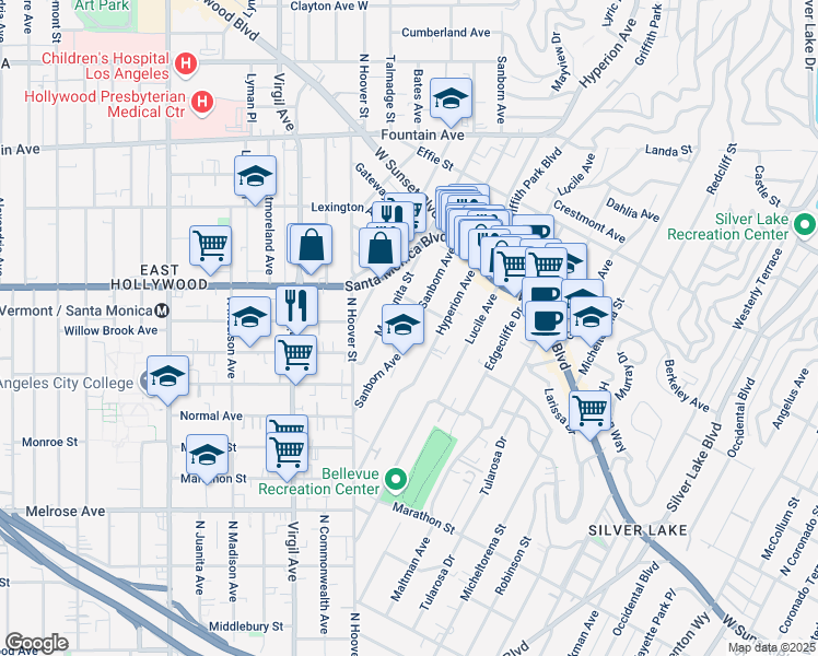 map of restaurants, bars, coffee shops, grocery stores, and more near 960 Sanborn Avenue in Los Angeles