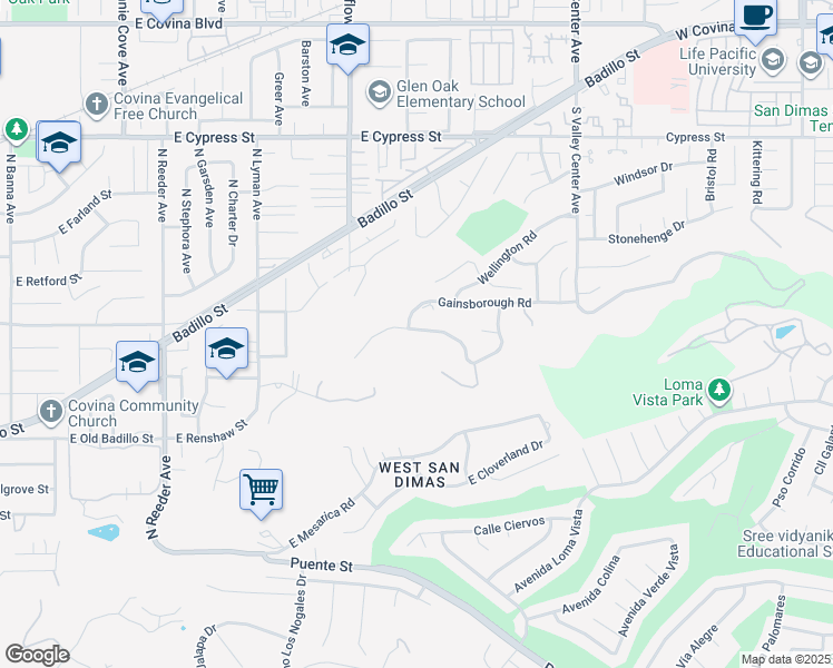 map of restaurants, bars, coffee shops, grocery stores, and more near 1184 Edinburgh Road in San Dimas