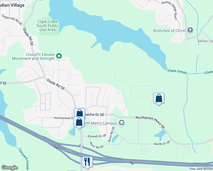 map of restaurants, bars, coffee shops, grocery stores, and more near 325 Arapaho Drive Southeast in Acworth