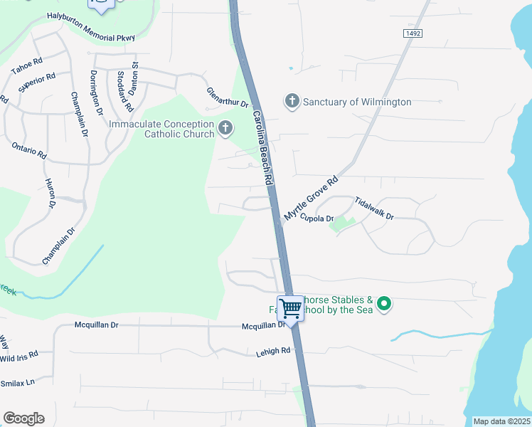 map of restaurants, bars, coffee shops, grocery stores, and more near 6748 Carolina Beach Road in Wilmington
