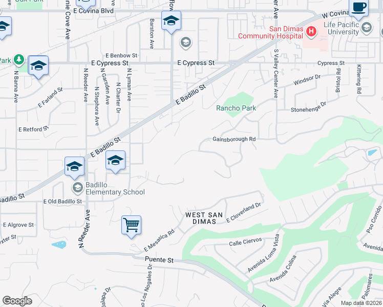 map of restaurants, bars, coffee shops, grocery stores, and more near 1184 Edinburgh Road in San Dimas