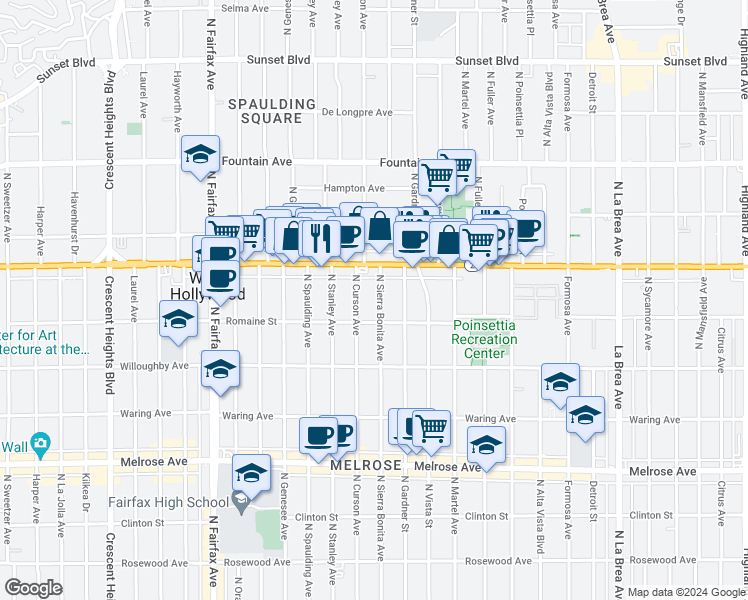 map of restaurants, bars, coffee shops, grocery stores, and more near 1027 North Sierra Bonita Avenue in West Hollywood
