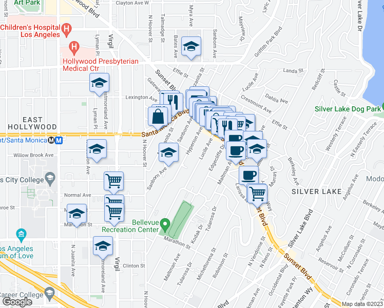 map of restaurants, bars, coffee shops, grocery stores, and more near 982 Hyperion Avenue in Los Angeles