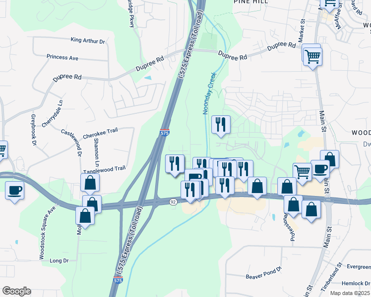 map of restaurants, bars, coffee shops, grocery stores, and more near 335 Parkway 575 in Woodstock