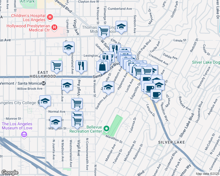 map of restaurants, bars, coffee shops, grocery stores, and more near 960 Sanborn Avenue in Los Angeles