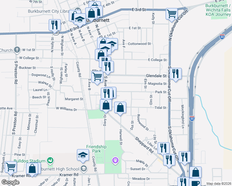 map of restaurants, bars, coffee shops, grocery stores, and more near 426 Reagan Street in Burkburnett