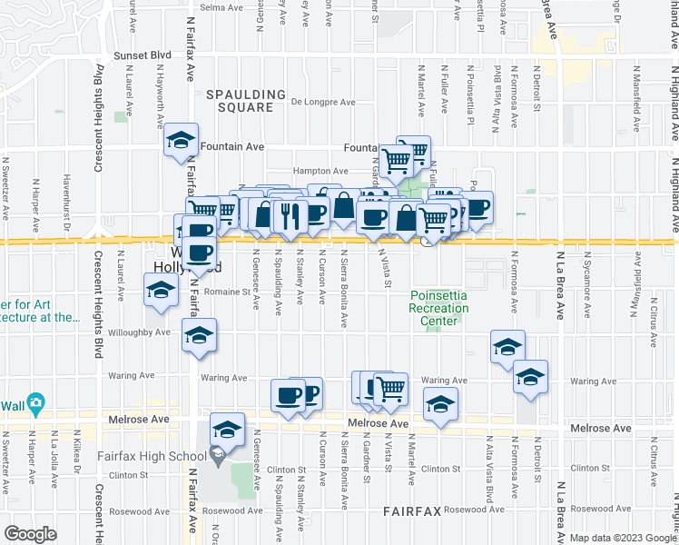 map of restaurants, bars, coffee shops, grocery stores, and more near 1027 North Sierra Bonita Avenue in West Hollywood