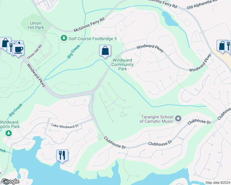 map of restaurants, bars, coffee shops, grocery stores, and more near 55 Club Court in Alpharetta