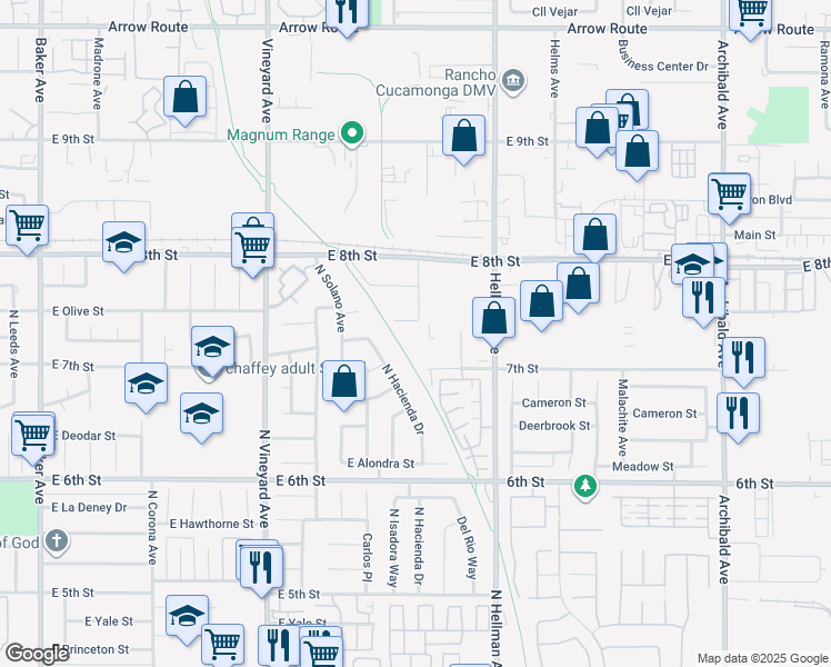 map of restaurants, bars, coffee shops, grocery stores, and more near 9109 East 8th Street in Rancho Cucamonga