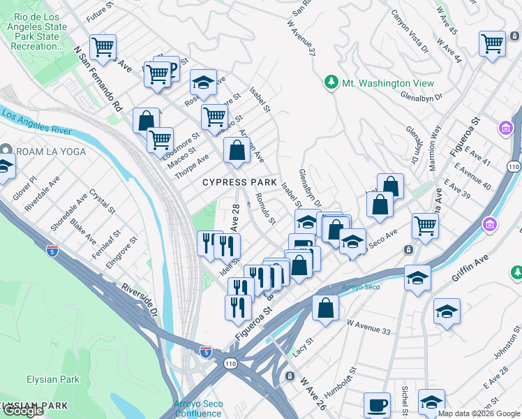 map of restaurants, bars, coffee shops, grocery stores, and more near 634 Romulo Street in Los Angeles