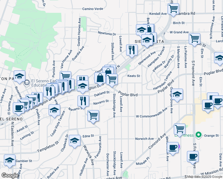map of restaurants, bars, coffee shops, grocery stores, and more near 5392 Poplar Boulevard in Los Angeles
