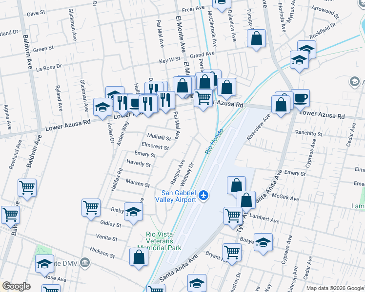 map of restaurants, bars, coffee shops, grocery stores, and more near 10690 Elmcrest Street in El Monte
