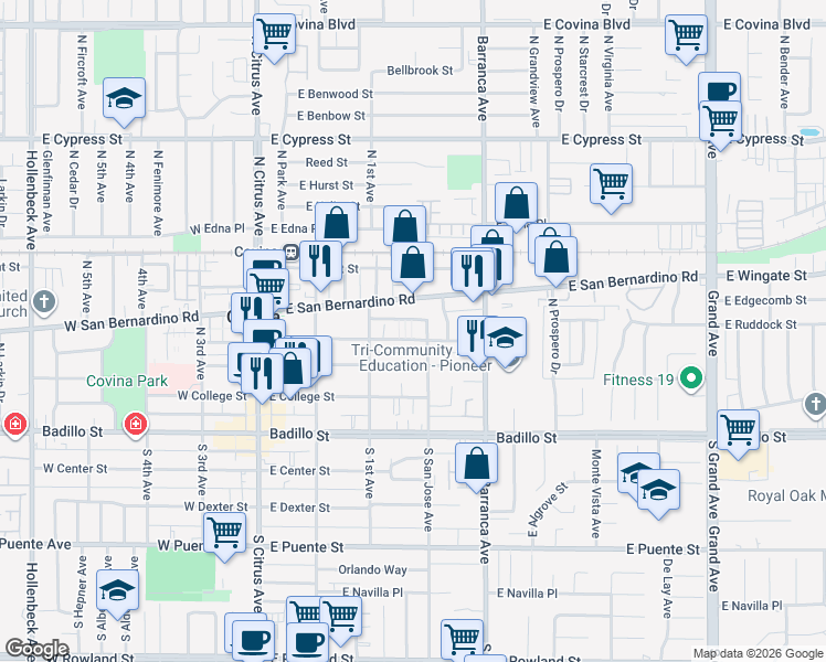 map of restaurants, bars, coffee shops, grocery stores, and more near 365 East School Street in Covina