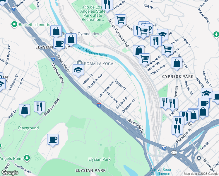 map of restaurants, bars, coffee shops, grocery stores, and more near 2318 Shoredale Avenue in Los Angeles