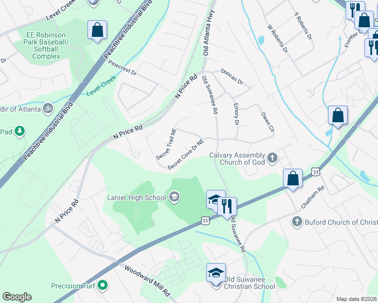map of restaurants, bars, coffee shops, grocery stores, and more near 1120 Secret Cove Drive Northeast in Sugar Hill