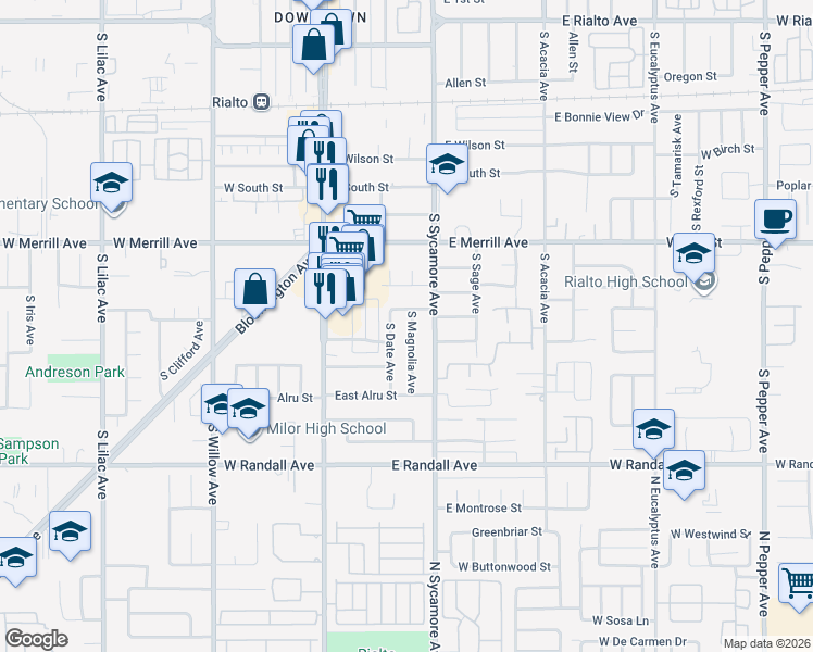 map of restaurants, bars, coffee shops, grocery stores, and more near 681 South Date Avenue in Rialto