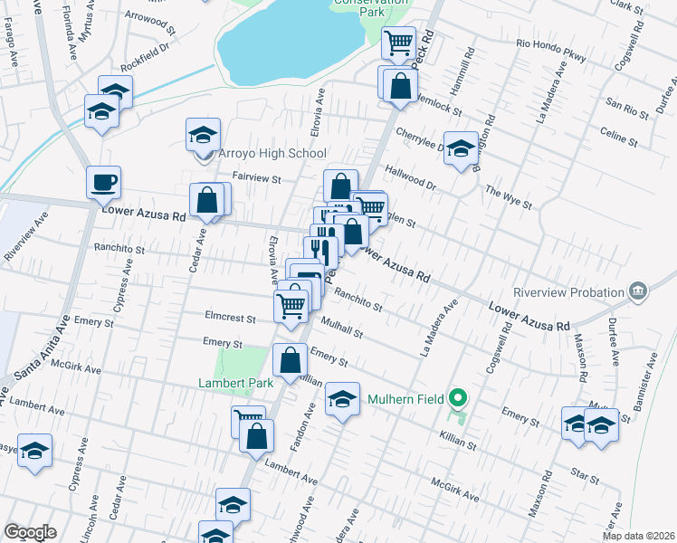 map of restaurants, bars, coffee shops, grocery stores, and more near 4700 Peck Road in El Monte