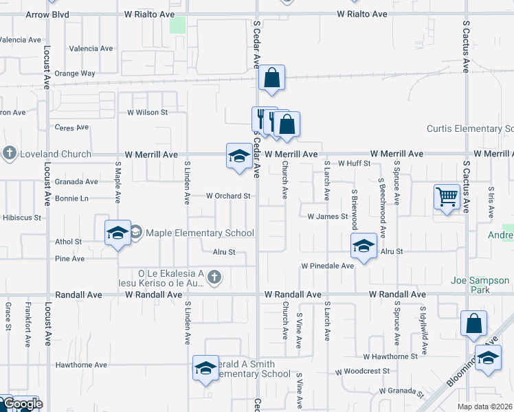 map of restaurants, bars, coffee shops, grocery stores, and more near South Cedar Avenue in Bloomington