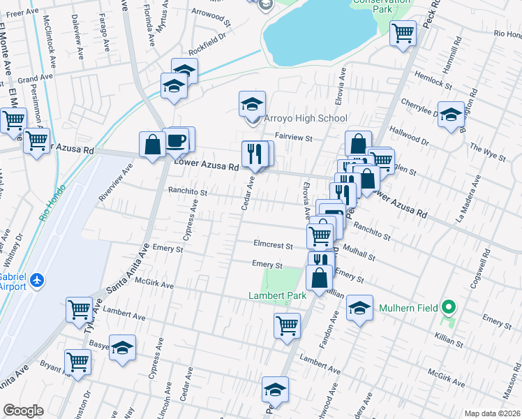 map of restaurants, bars, coffee shops, grocery stores, and more near 11361 Mulhall Street in El Monte