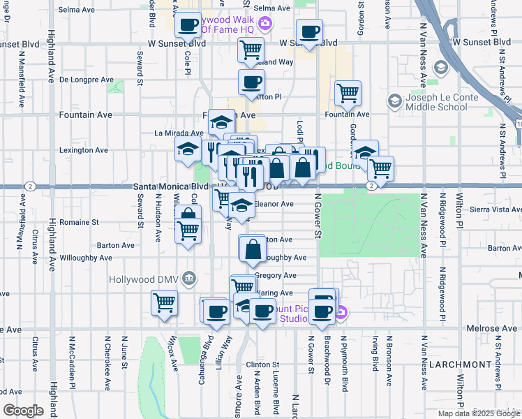 map of restaurants, bars, coffee shops, grocery stores, and more near 6143 Romaine Street in Los Angeles