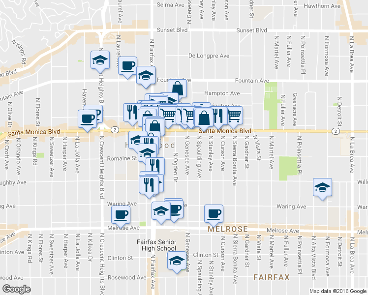 map of restaurants, bars, coffee shops, grocery stores, and more near 1027 North Genesee Avenue in Los Angeles
