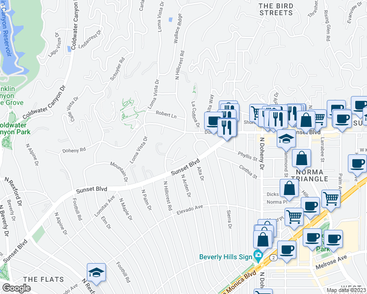 map of restaurants, bars, coffee shops, grocery stores, and more near 816 Monte Leon Drive in Beverly Hills