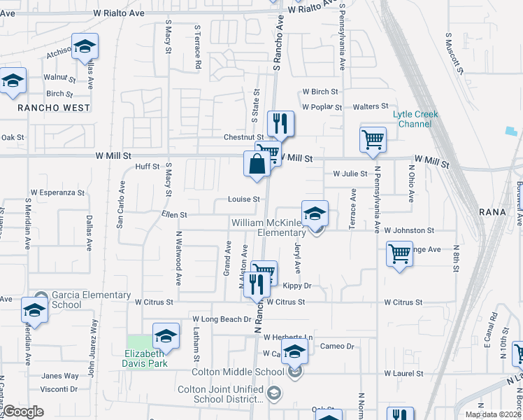 map of restaurants, bars, coffee shops, grocery stores, and more near 800 Ellen Street in Colton