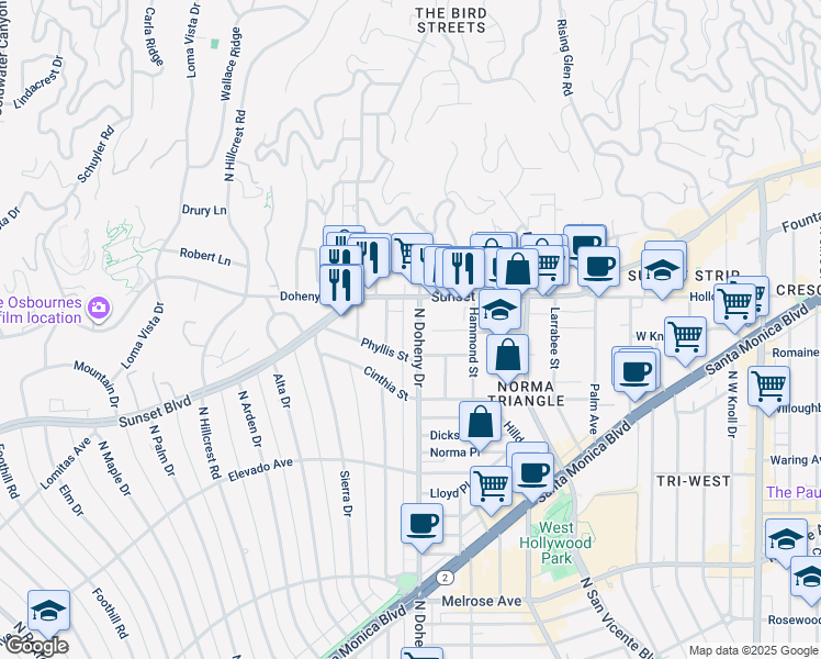 map of restaurants, bars, coffee shops, grocery stores, and more near 999 North Doheny Drive in West Hollywood