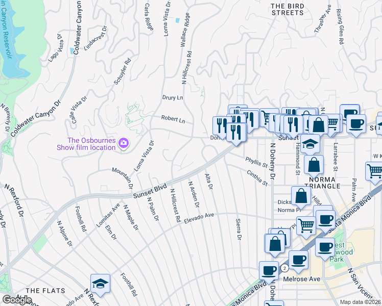 map of restaurants, bars, coffee shops, grocery stores, and more near 9345 Monte Leon Lane in Beverly Hills