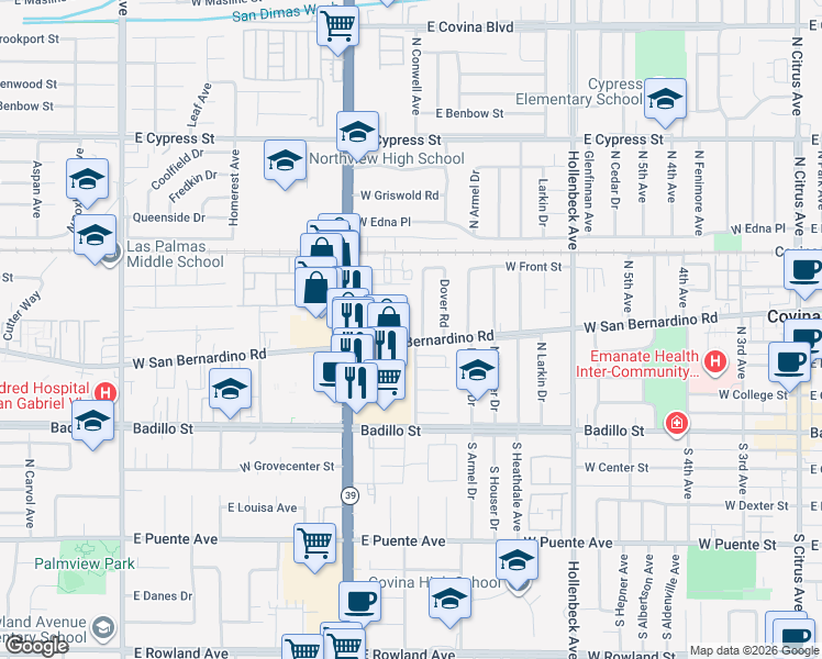 map of restaurants, bars, coffee shops, grocery stores, and more near 781 West San Bernardino Road in Covina