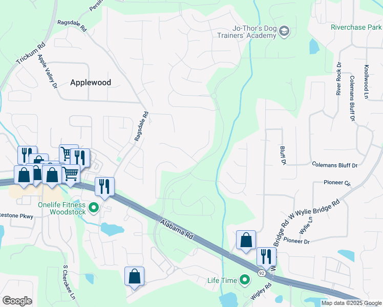 map of restaurants, bars, coffee shops, grocery stores, and more near 301 Wickley Way in Woodstock