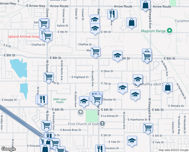 map of restaurants, bars, coffee shops, grocery stores, and more near 1717 North Leeds Avenue in Ontario