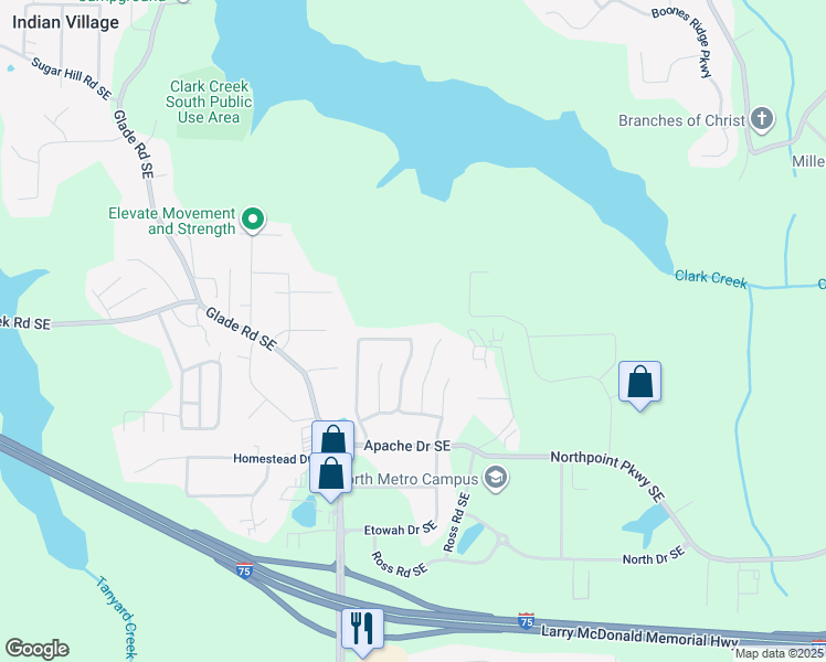 map of restaurants, bars, coffee shops, grocery stores, and more near 151 Aztec Way Southeast in Acworth