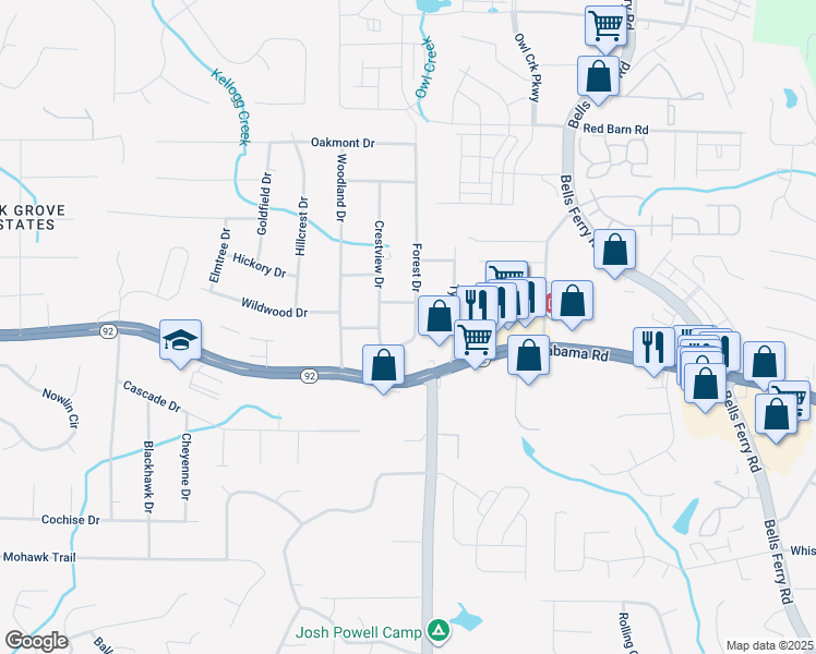 map of restaurants, bars, coffee shops, grocery stores, and more near 5559 Forest Drive in Acworth