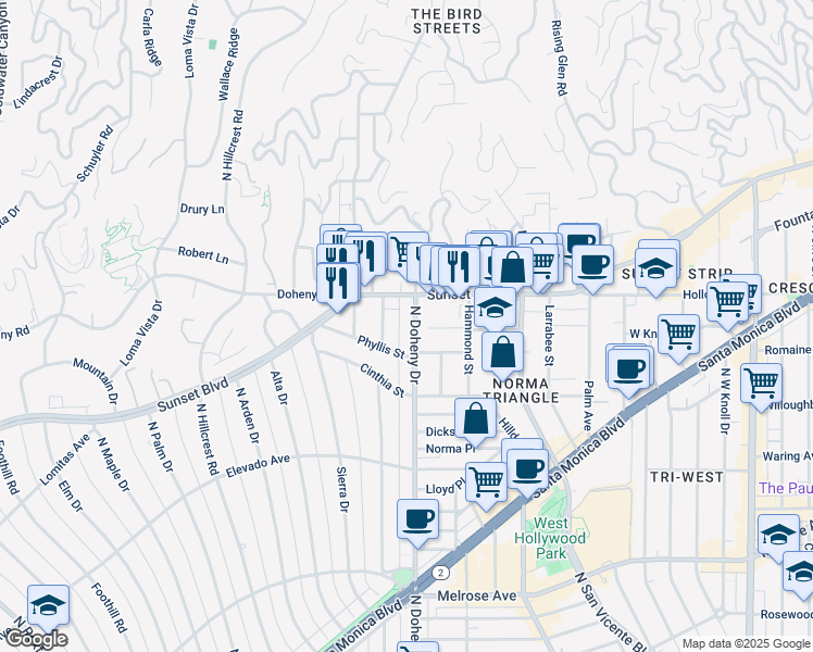 map of restaurants, bars, coffee shops, grocery stores, and more near 999 North Doheny Drive in West Hollywood