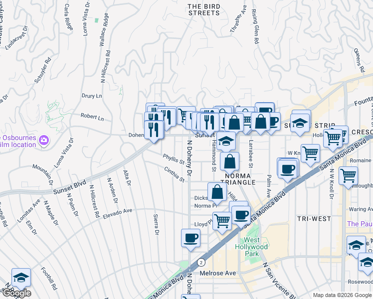 map of restaurants, bars, coffee shops, grocery stores, and more near 999 North Doheny Drive in West Hollywood