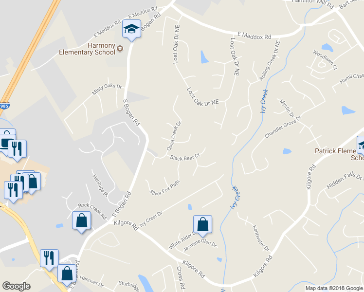 map of restaurants, bars, coffee shops, grocery stores, and more near 2345 Quail Creek Terrace in Buford