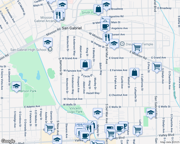 map of restaurants, bars, coffee shops, grocery stores, and more near 200 South Circle Drive in San Gabriel
