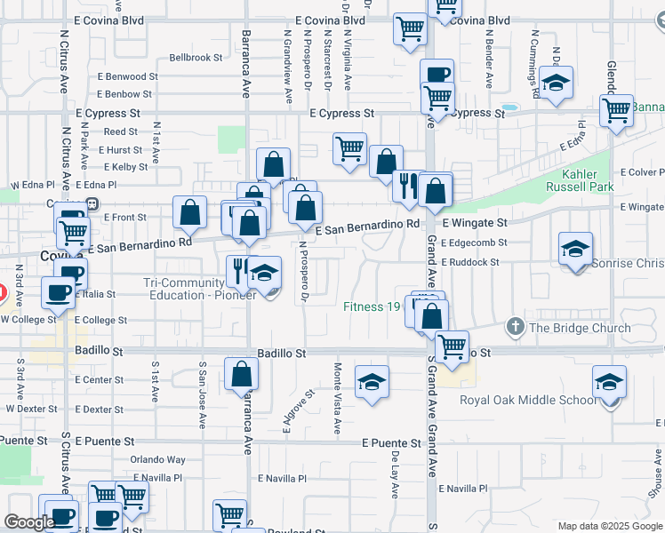 map of restaurants, bars, coffee shops, grocery stores, and more near 366 North Vecino Drive in Covina
