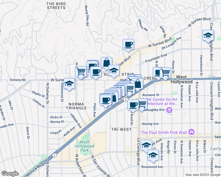 map of restaurants, bars, coffee shops, grocery stores, and more near 8703 West Knoll Drive in West Hollywood