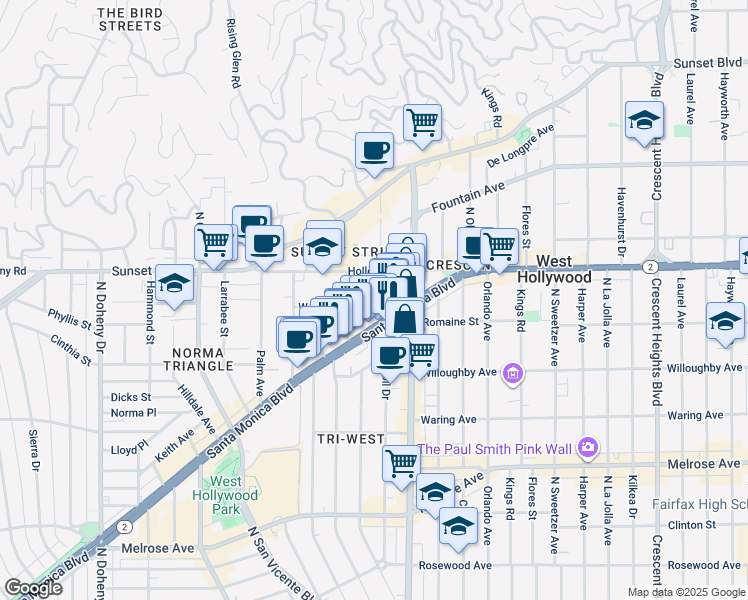 map of restaurants, bars, coffee shops, grocery stores, and more near West Knoll Drive in West Hollywood