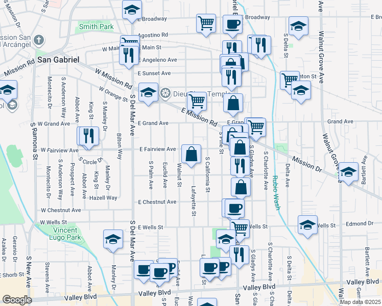 map of restaurants, bars, coffee shops, grocery stores, and more near in San Gabriel